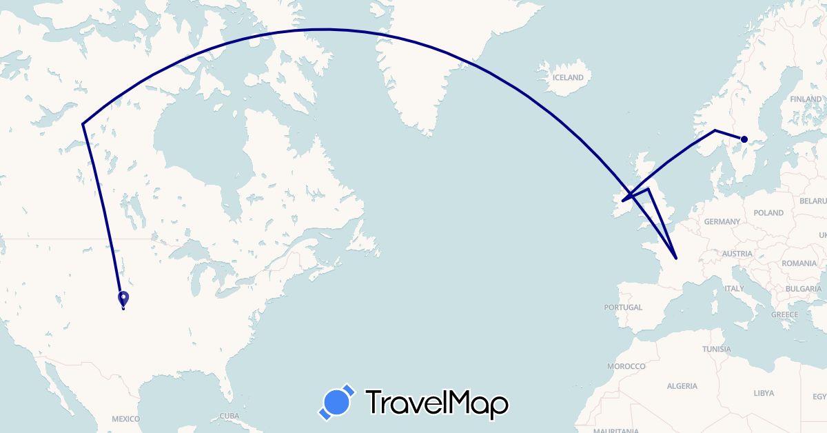 TravelMap itinerary: driving in Canada, France, United Kingdom, Ireland, Norway, Sweden, United States (Europe, North America)